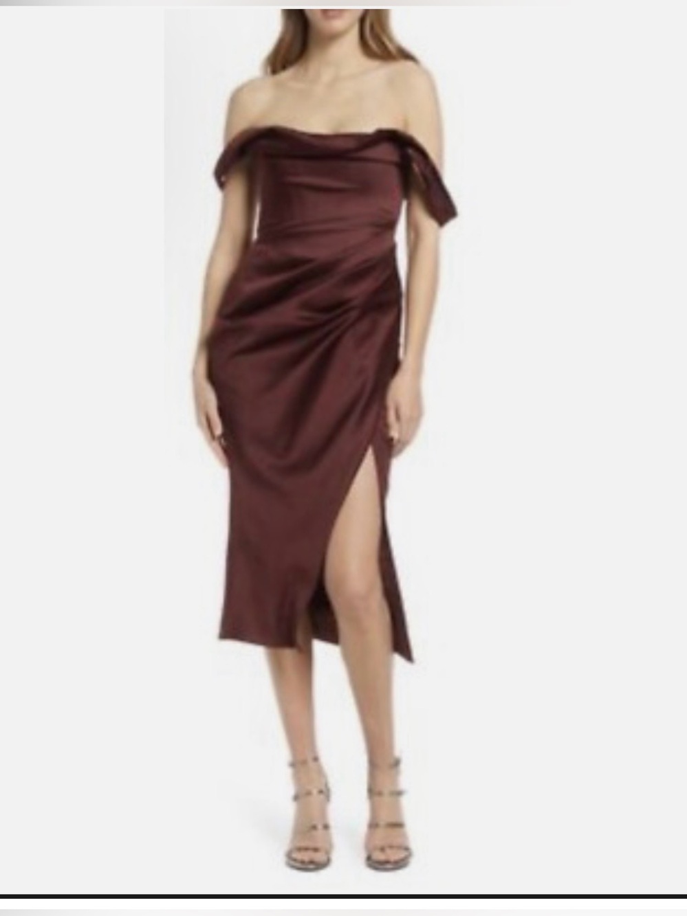 House of CB Strapless Satin Midi Dress in Deep Wine